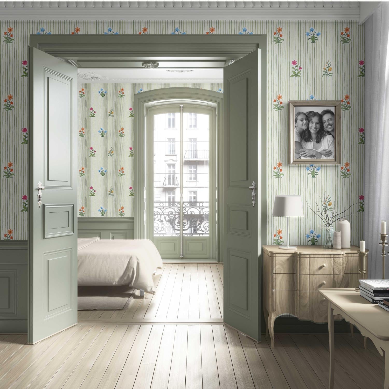 Floral Striped Block Print Living Room Wallpaper Sample (Green/ Pink/ Blue/ Yellow/ Orange)