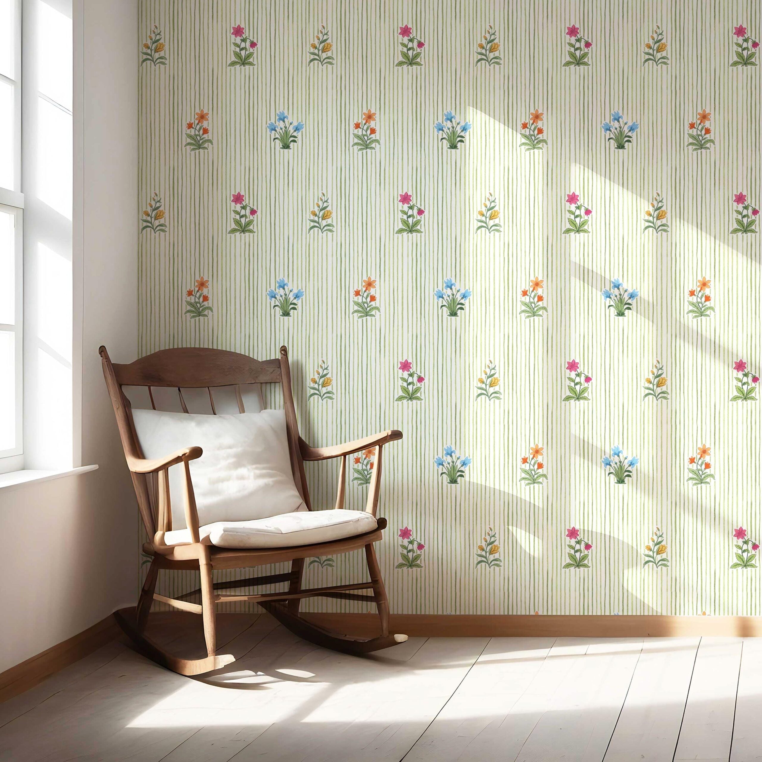 Floral Striped Block Print Nursery Wallpaper Sample (Green/ Pink/ Blue/ Yellow/ Orange)