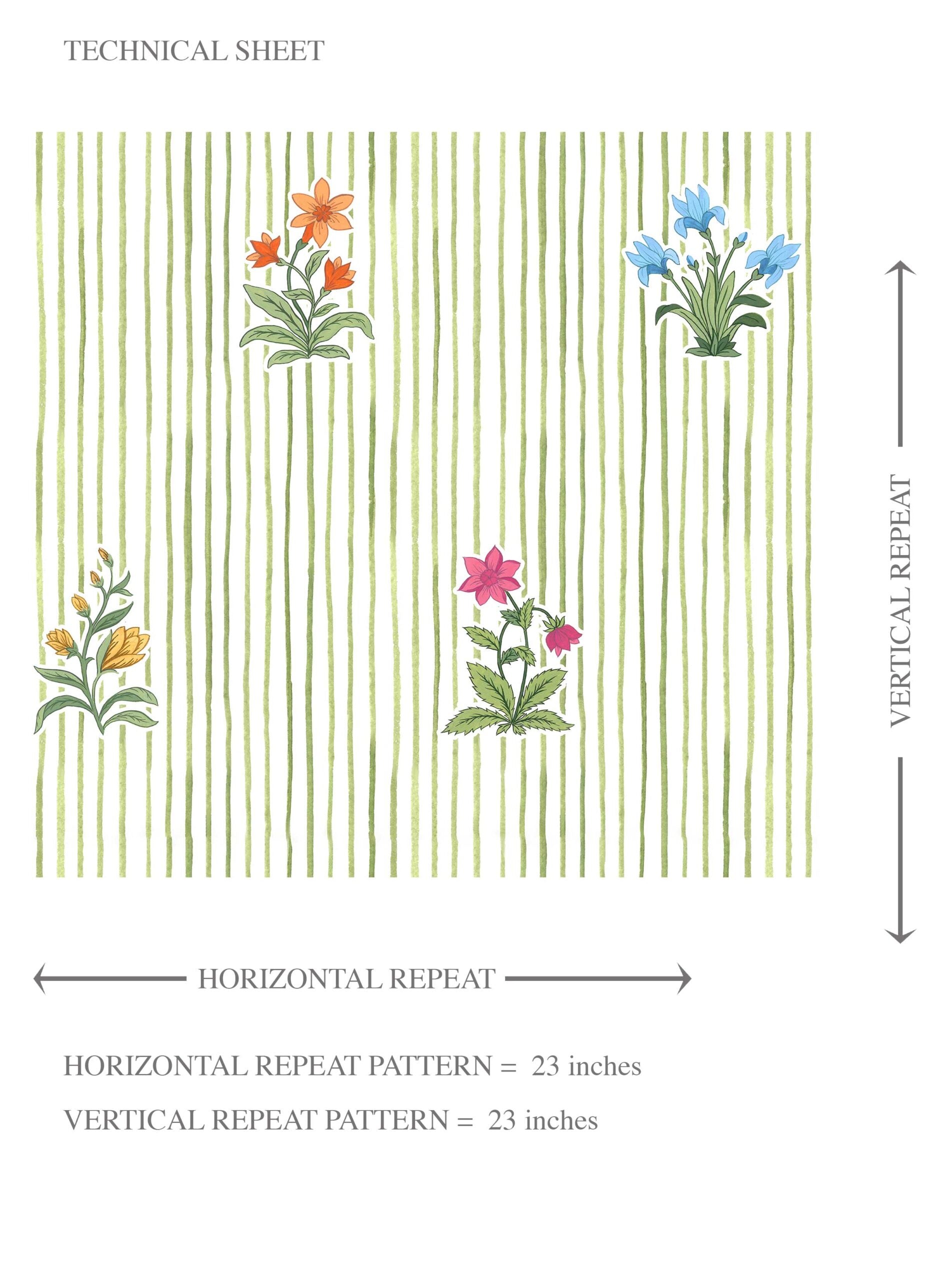 Floral Striped Block Print Kids Room Wallpaper Sample (Green/ Pink/ Blue/ Yellow/ Orange)