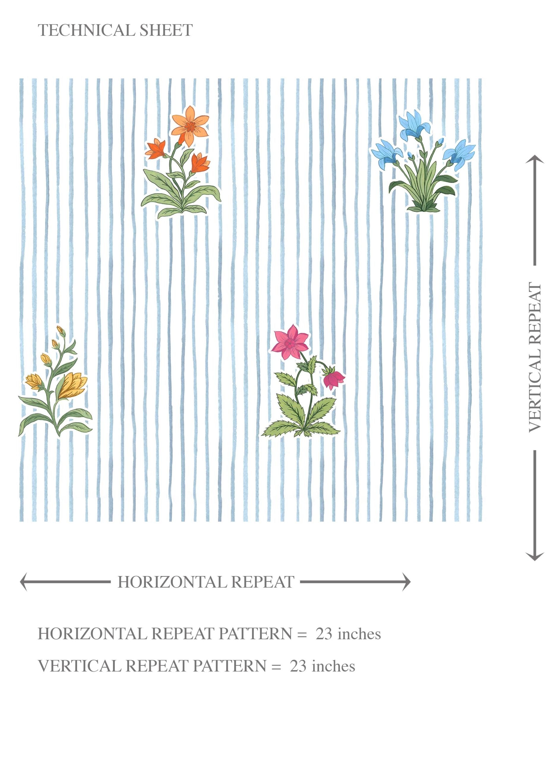 Floral Striped Block Print Kids Room Wallpaper Sample (Blue/ Pink/ Green/ Orange )