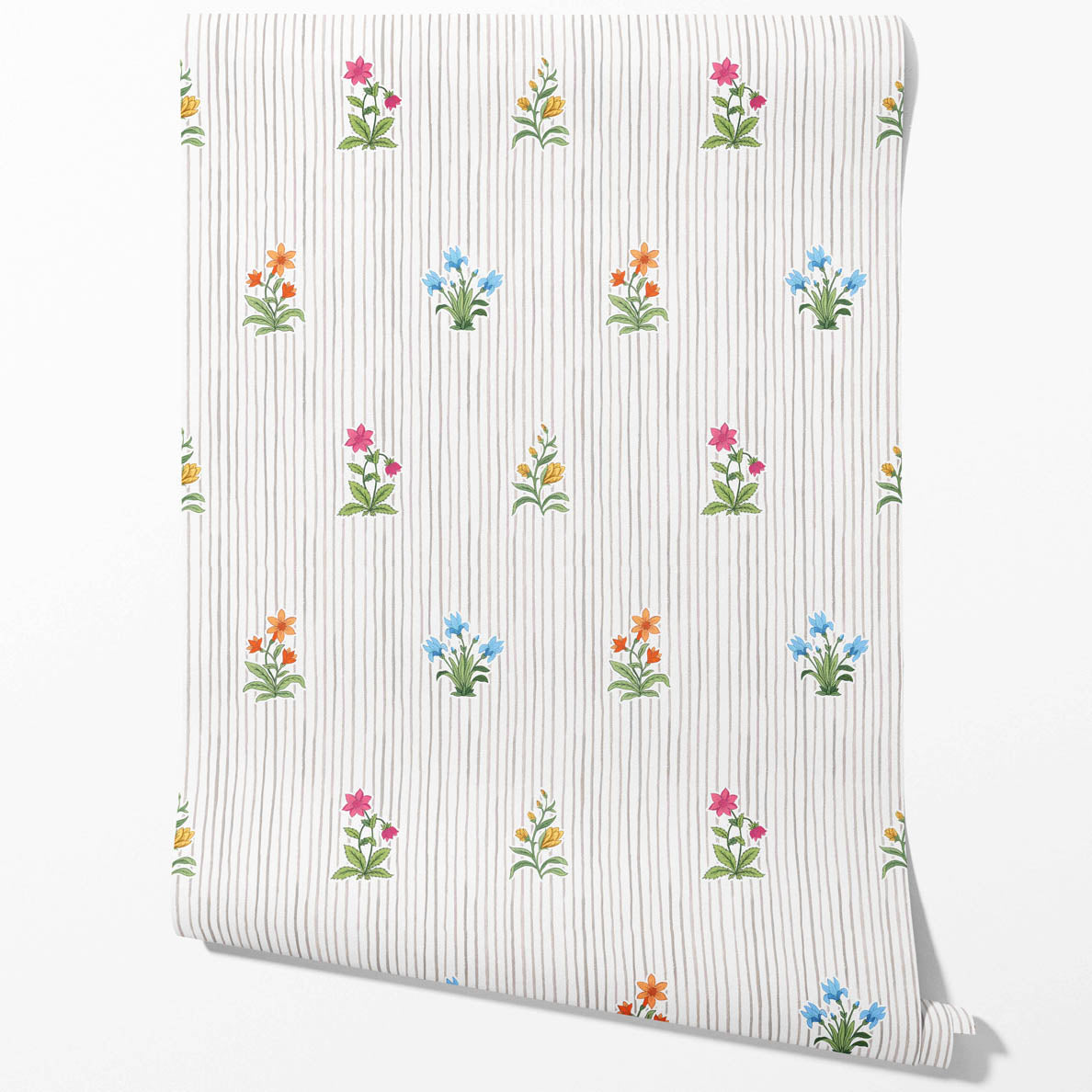 Floral Striped Block Print Traditional Wallpaper (Gray/ Pink/ Green/ Blue)