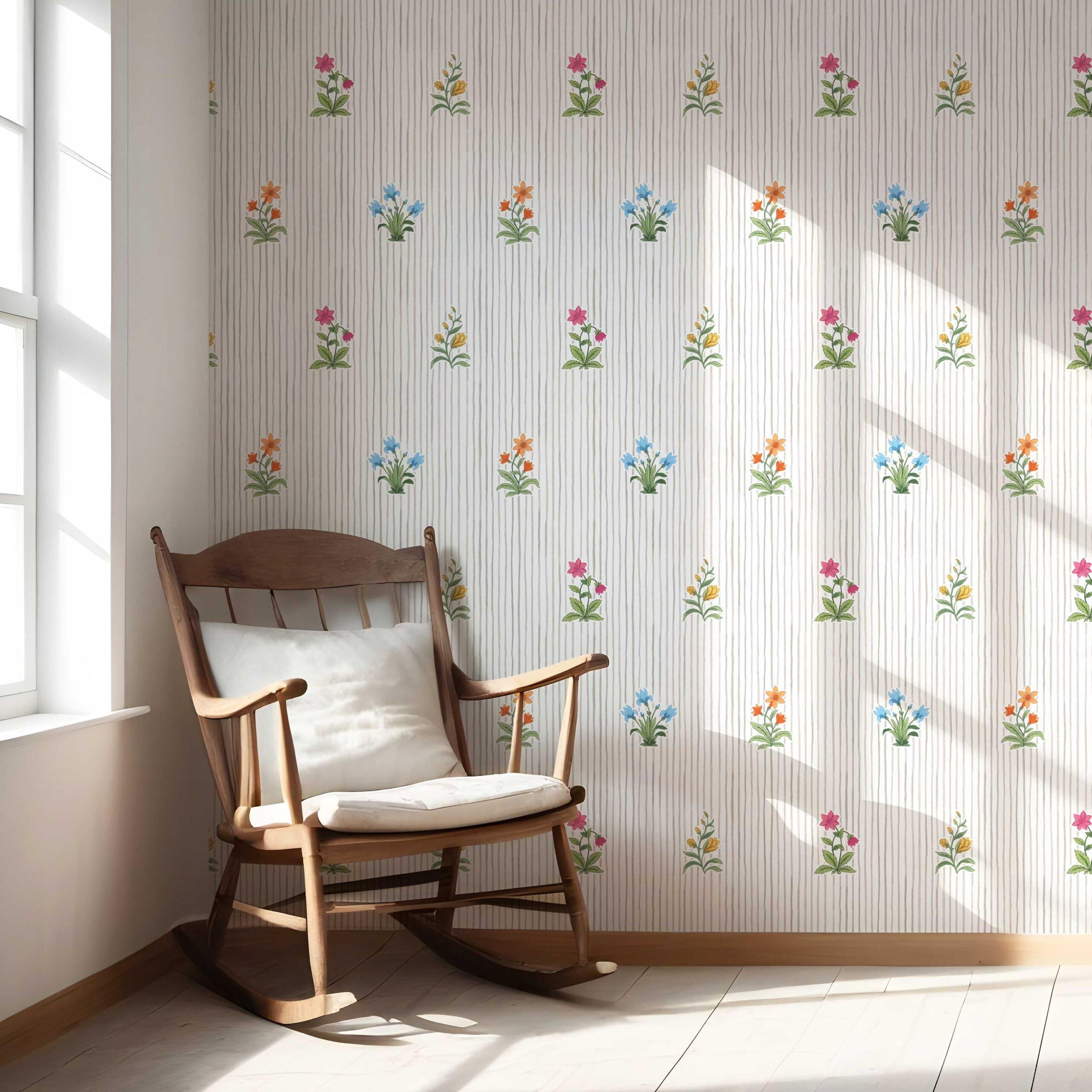 Floral Striped Block Print Shower Toilet Wallpaper (Gray/ Pink/ Green/ Blue)