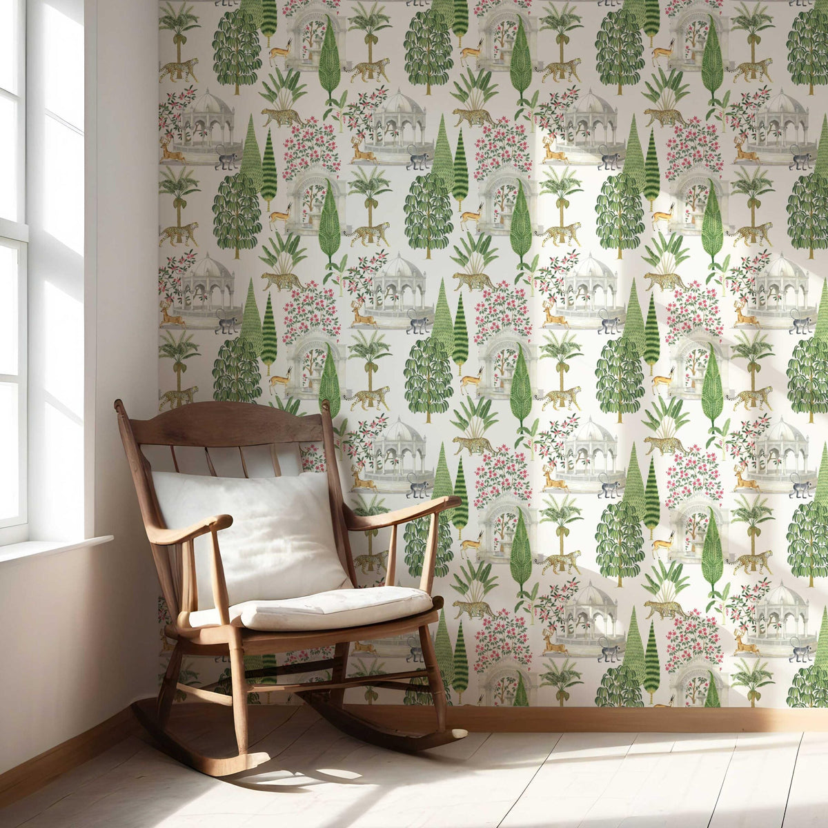 Vintage Heritage/ Ethnic Chinoiserie Nursery Wallpaper (White/ Green/ Pink/ Tan)