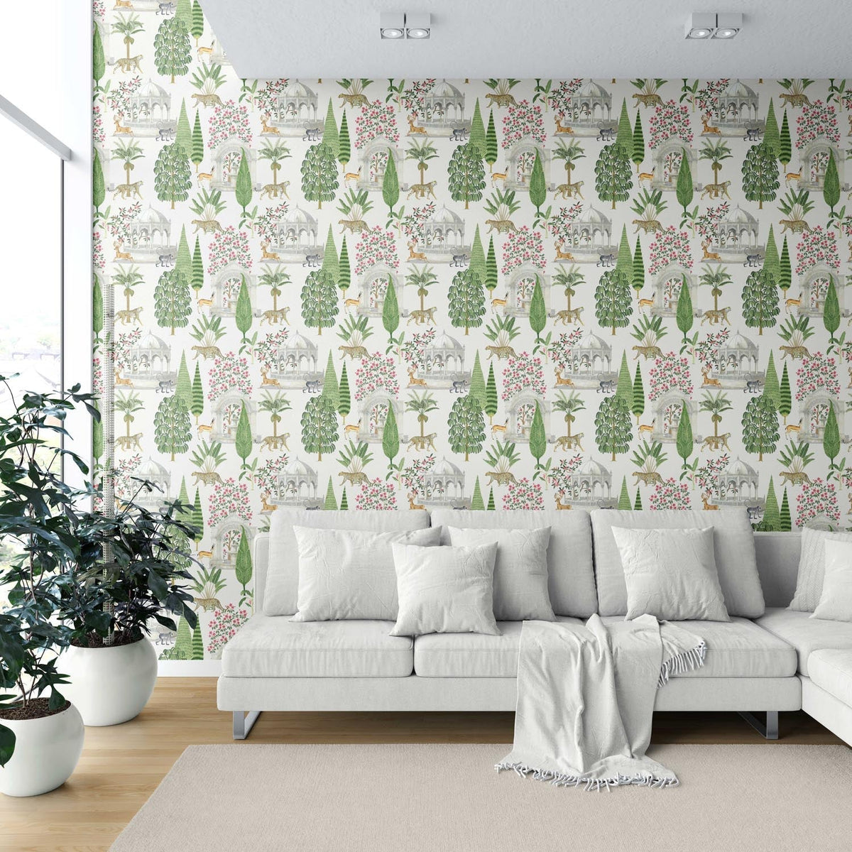 Vintage Heritage/ Ethnic Chinoiserie Shower Toilet Wallpaper Sample (White/ Green/ Pink/ Tan)