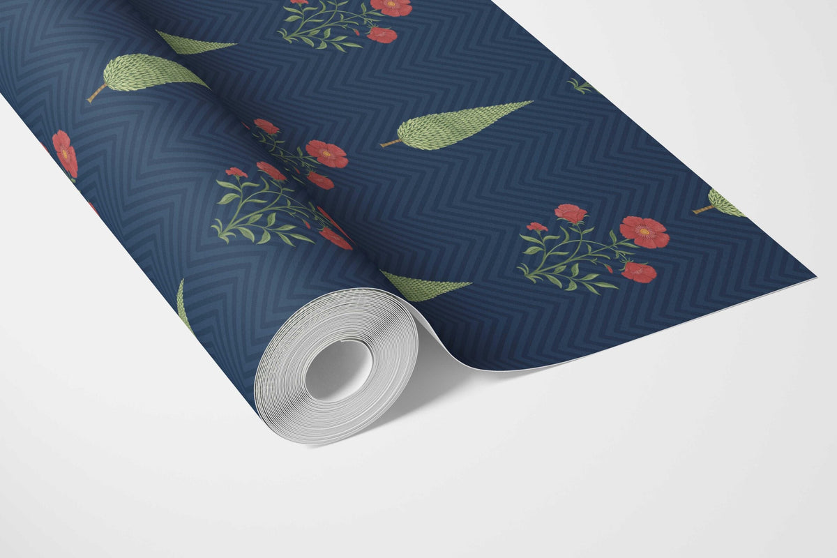 Botanical/ Floral Block Print Bathroom Wallpaper Sample (Navy Blue/ Red/ Green)