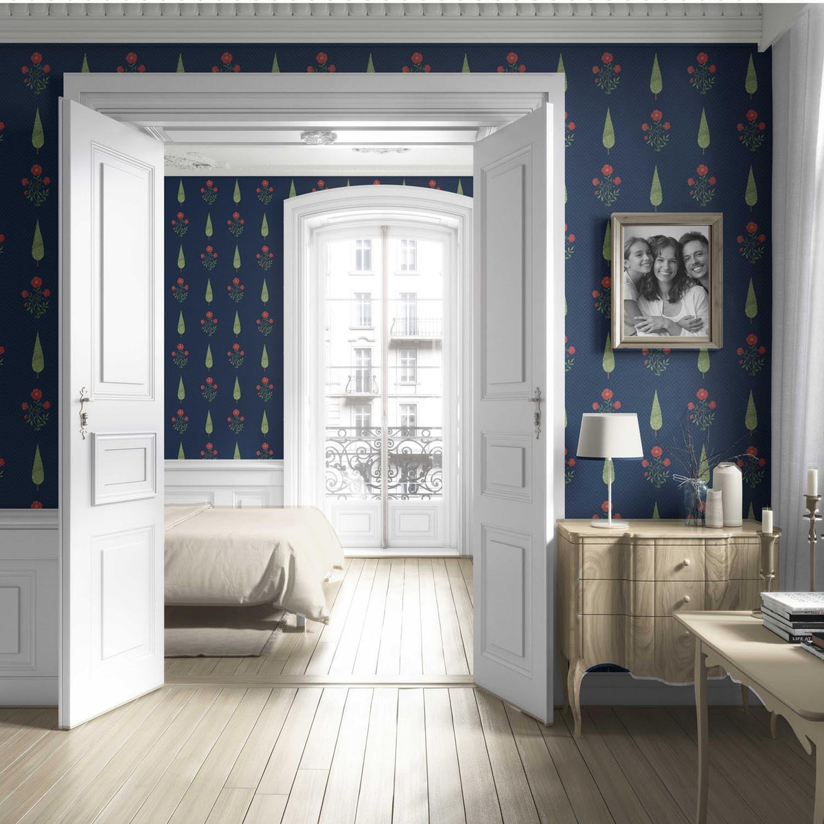 Botanical/ Floral Block Print Living Room Wallpaper Sample (Navy Blue/ Red/ Green)