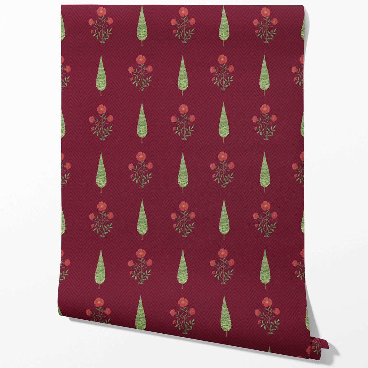 Botanical/ Floral Block Print Traditional Wallpaper Sample (Red/ Maroon/ Green)