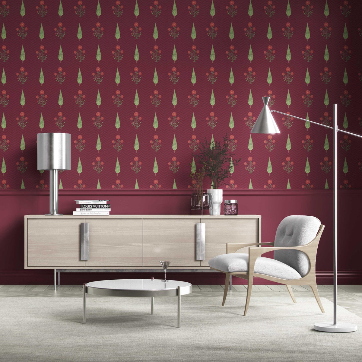 Botanical/ Floral Block Print Kitchen Wallpaper (Red/ Maroon/ Green)
