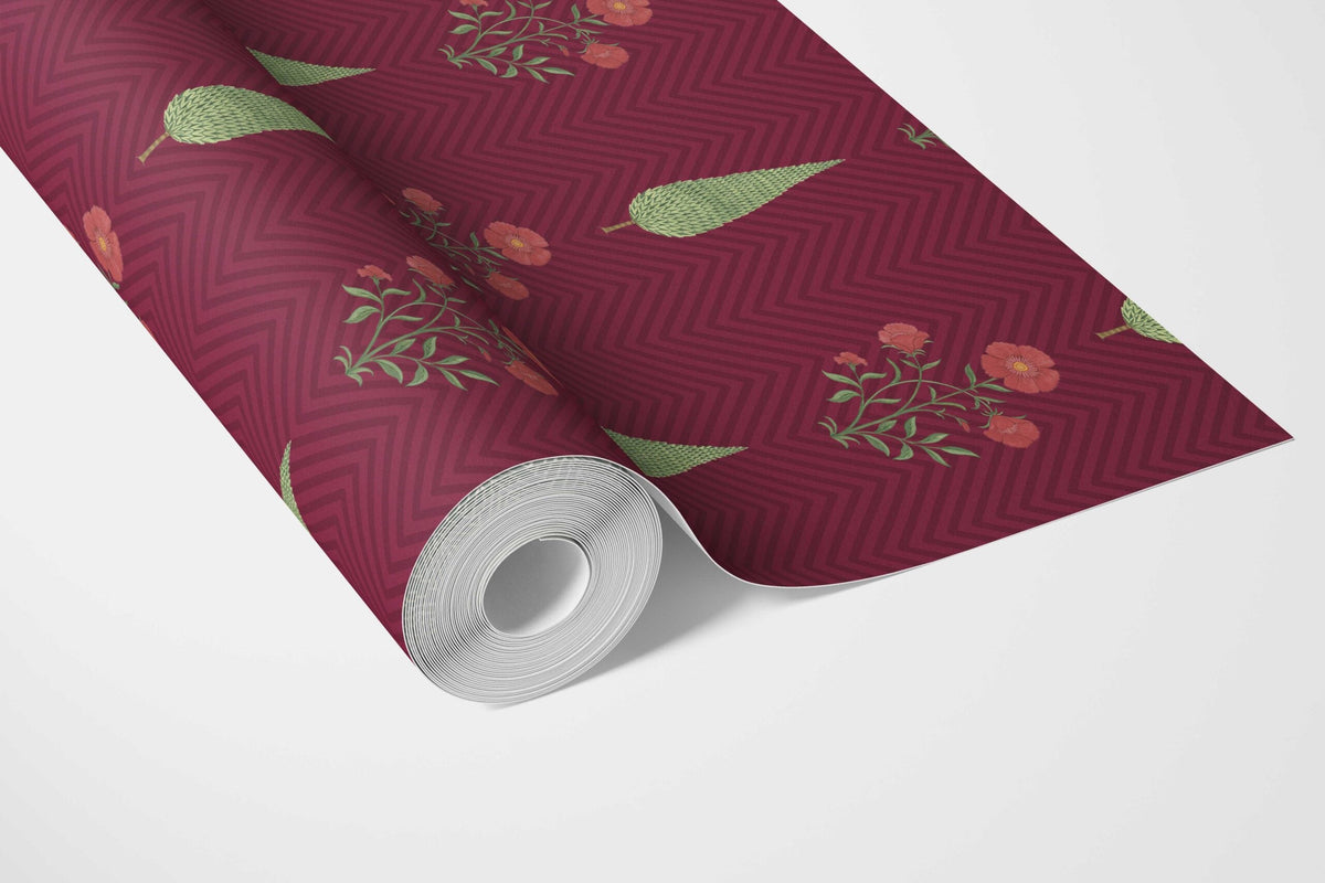 Botanical/ Floral Block Print Bathroom Wallpaper Sample (Red/ Maroon/ Green)