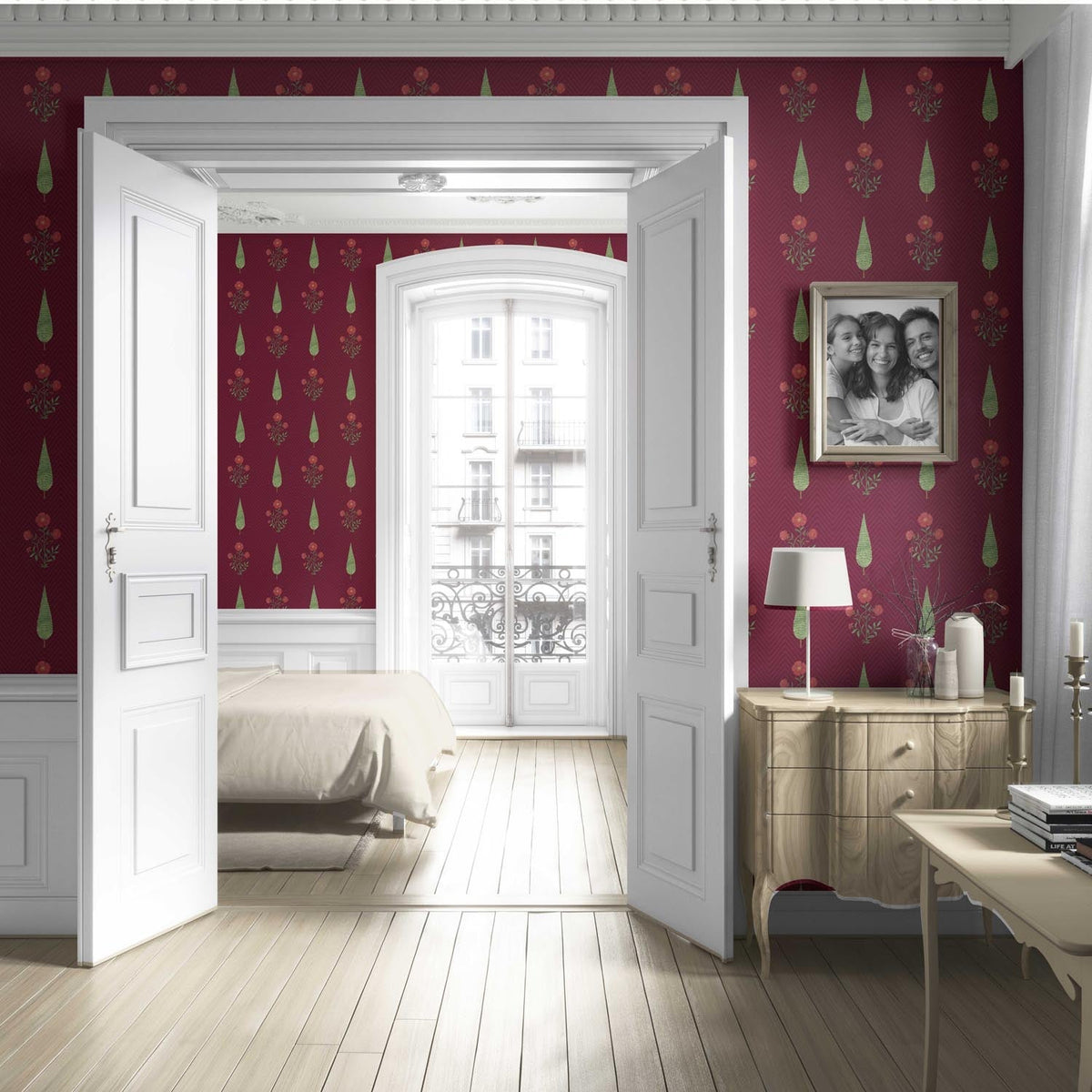 Botanical/ Floral Block Print Living Room Wallpaper Sample (Red/ Maroon/ Green)