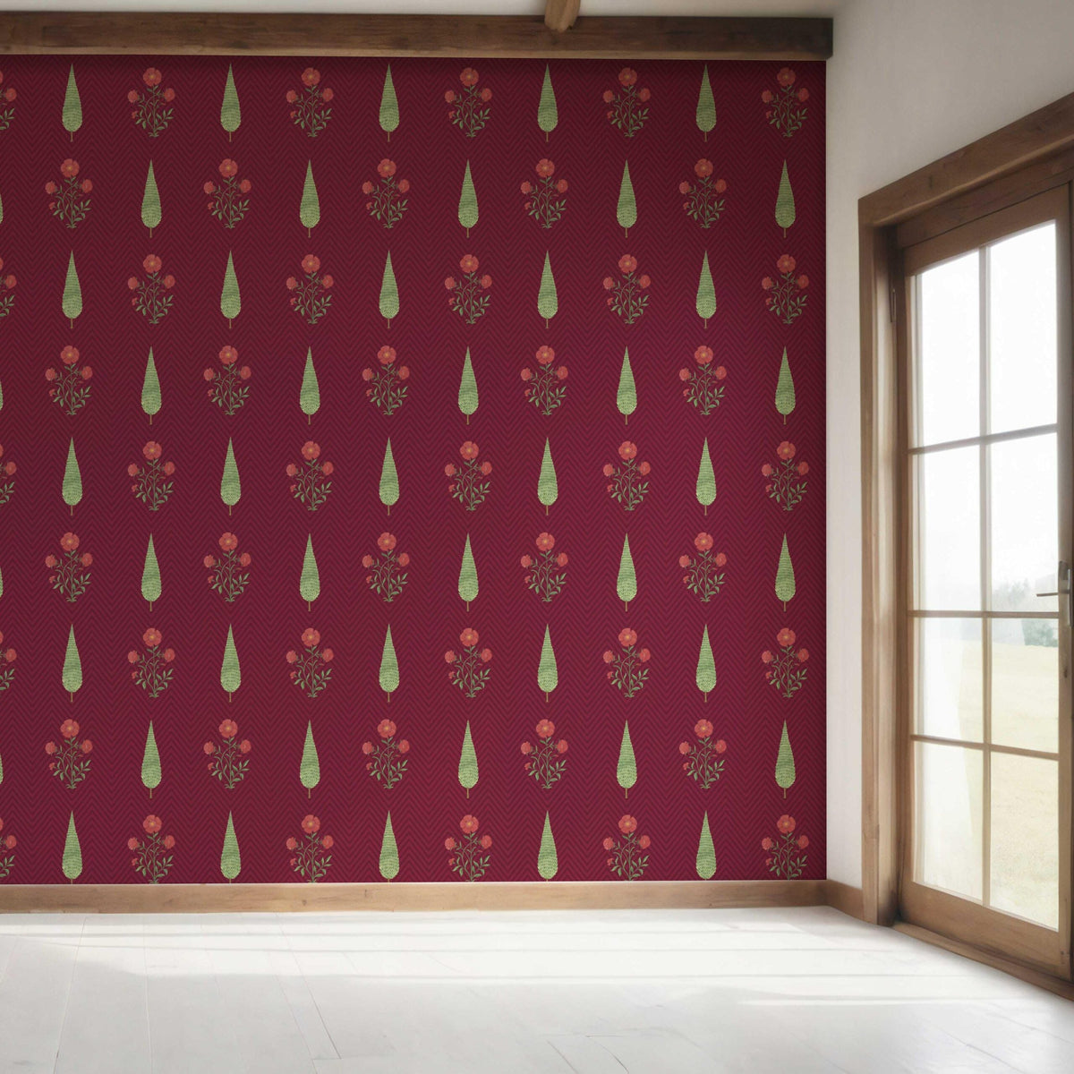Botanical/ Floral Block Print Bedroom Wallpaper Sample (Red/ Maroon/ Green)