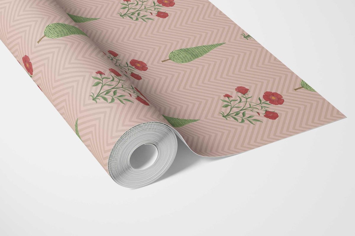 Botanical/ Floral Block Print Bathroom Wallpaper Sample (Pink/ Red/ Green)