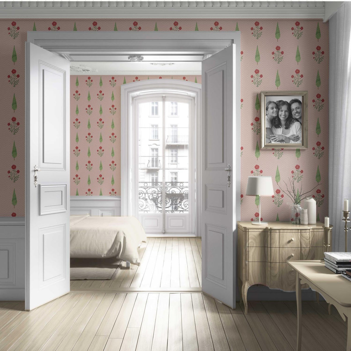 Botanical/ Floral Block Print Living Room Wallpaper Sample (Pink/ Red/ Green)