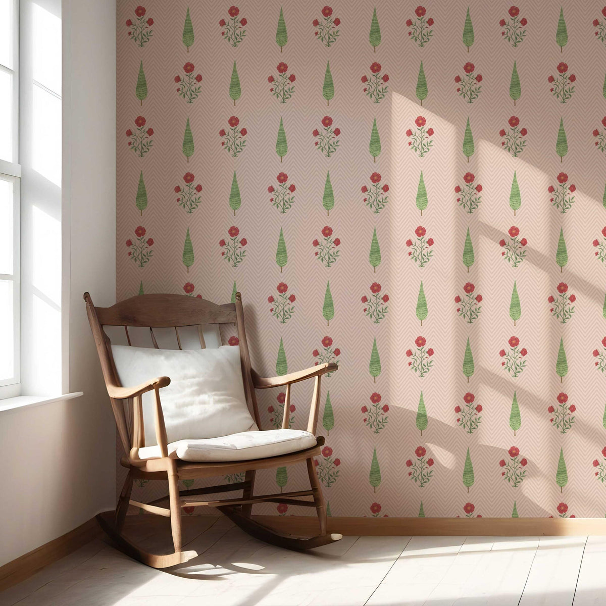 Botanical/ Floral Block Print Nursery Wallpaper Sample (Pink/ Red/ Green)