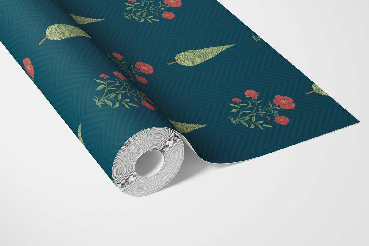 Botanical/ Floral Block Print Bathroom Wallpaper (Teal Blue/ Red/ Green)