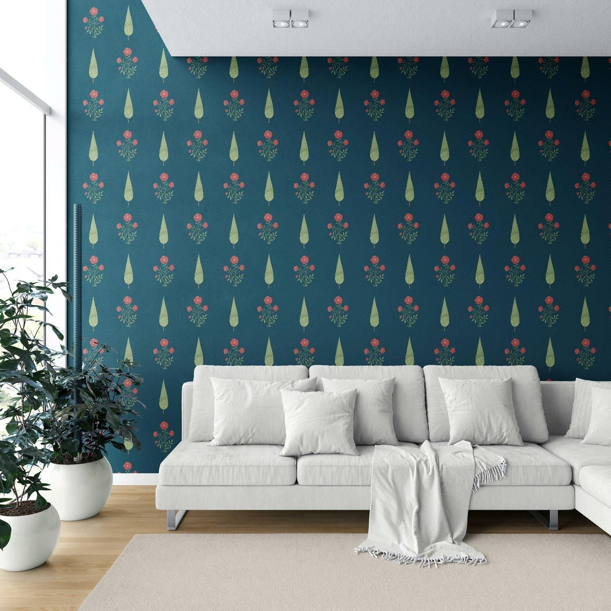 Botanical/ Floral Block Print Shower Toilet Wallpaper Sample (Teal Blue/ Red/ Green)