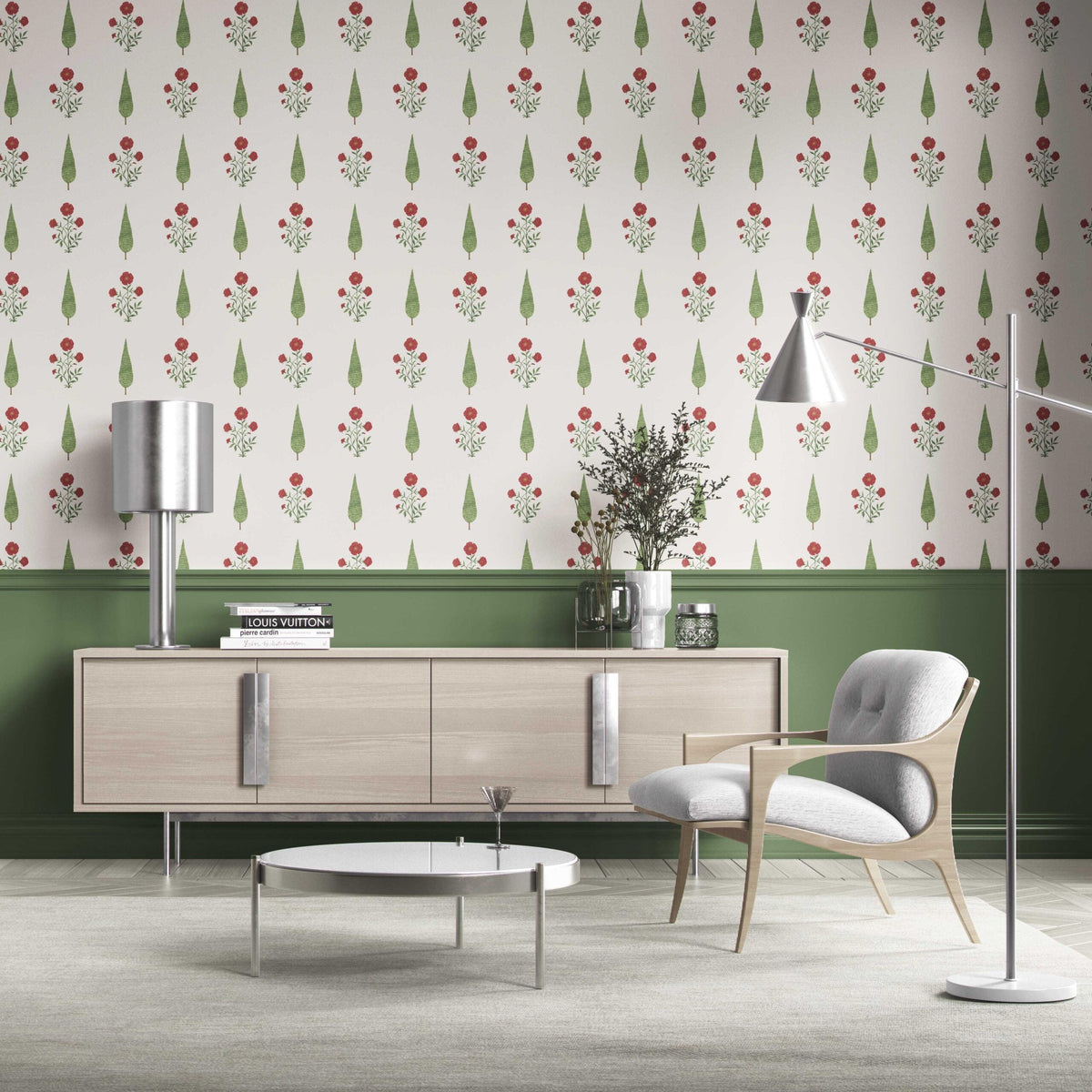 Botanical/ Floral Block Print Kitchen Wallpaper (White/ Red/ Green)