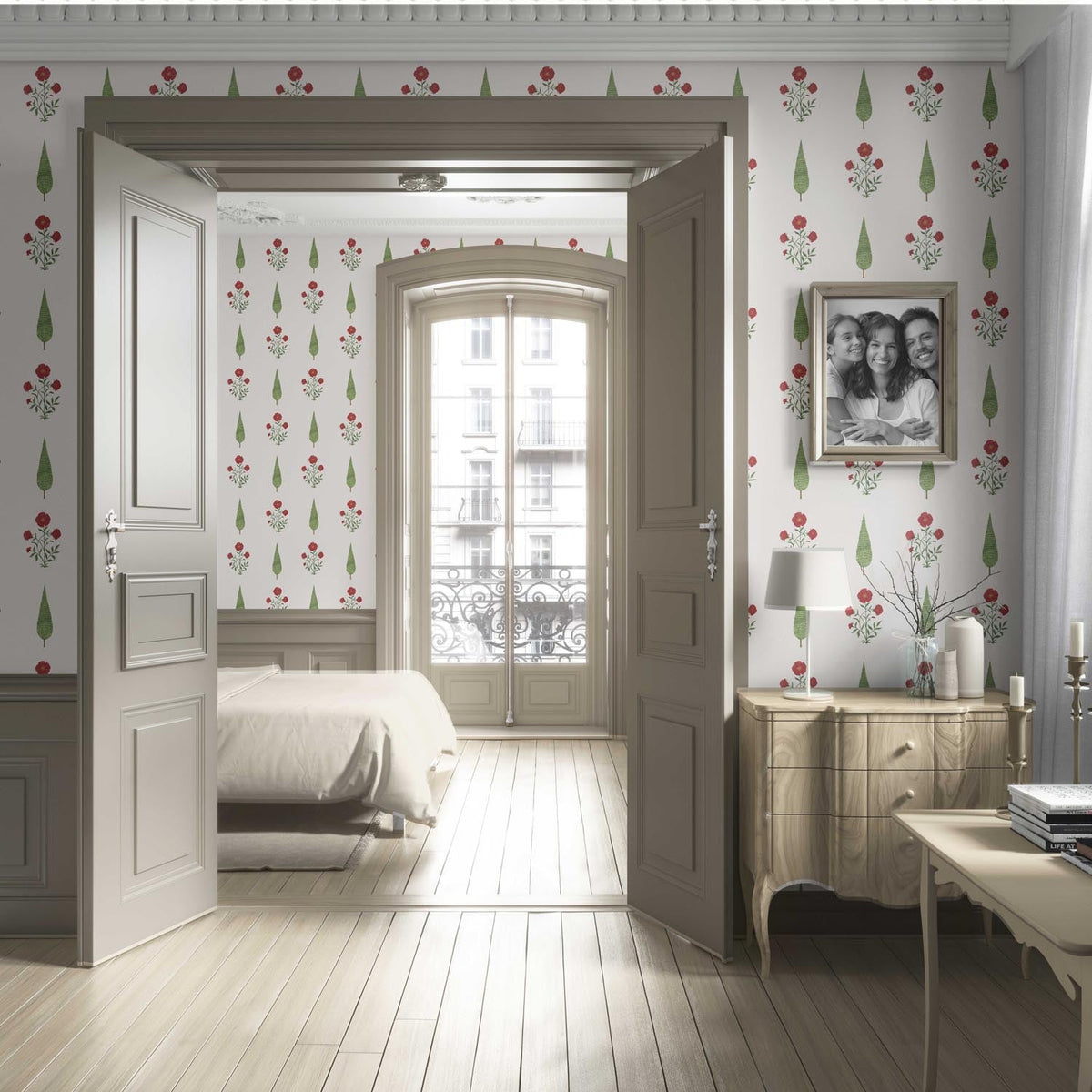 Botanical/ Floral Block Print Living Room Wallpaper (White/ Red/ Green)