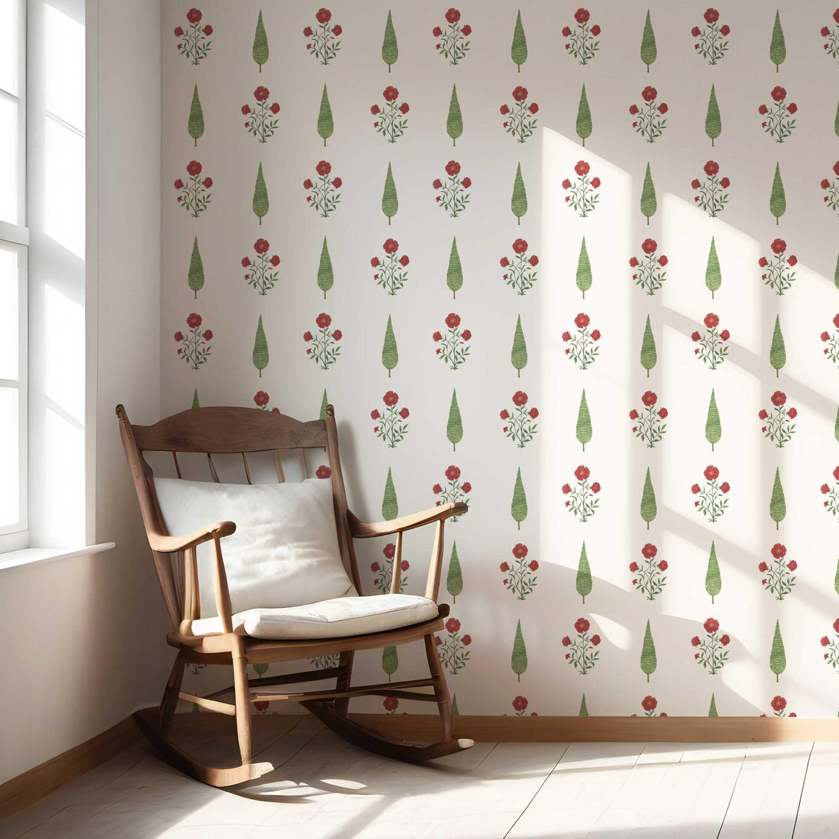 Botanical/ Floral Block Print Nursery Wallpaper (White/ Red/ Green)