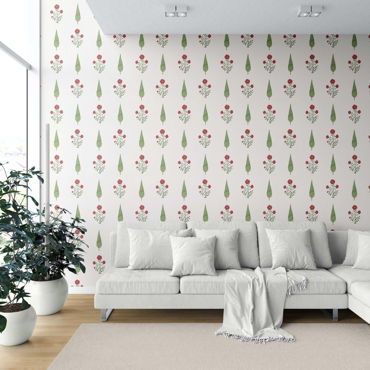 Botanical/ Floral Block Print Shower Toilet Wallpaper (White/ Red/ Green)