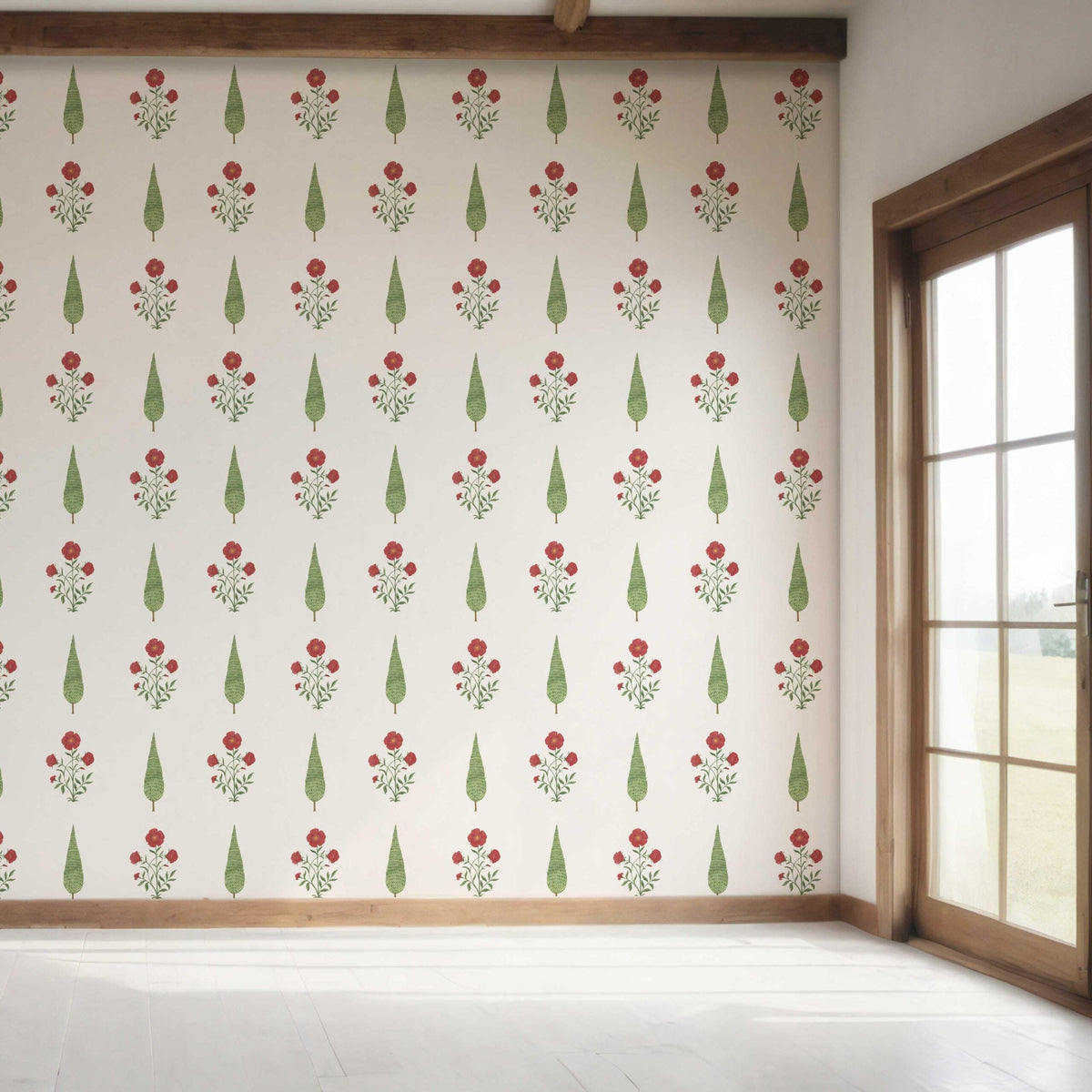 Botanical/ Floral Block Print Bedroom Wallpaper (White/ Red/ Green)