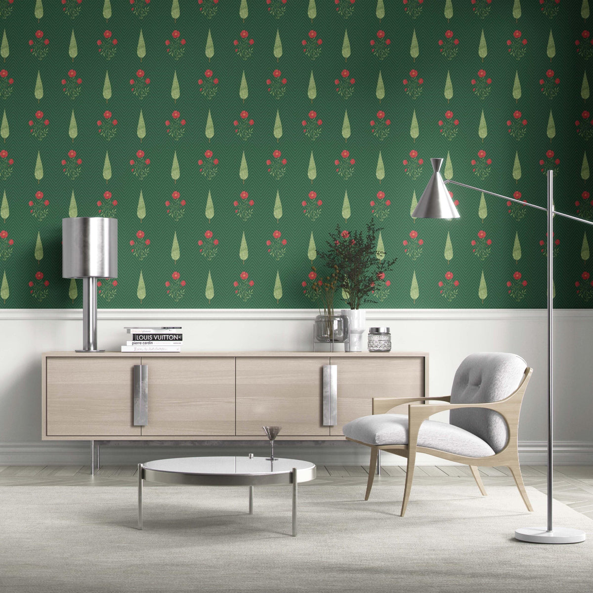 Botanical/ Floral Block Print Kitchen Wallpaper Sample (Emerald Green/ Red)