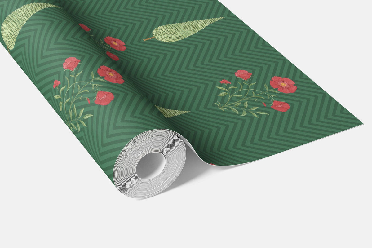 Botanical/ Floral Block Print Bathroom Wallpaper Sample (Emerald Green/ Red)
