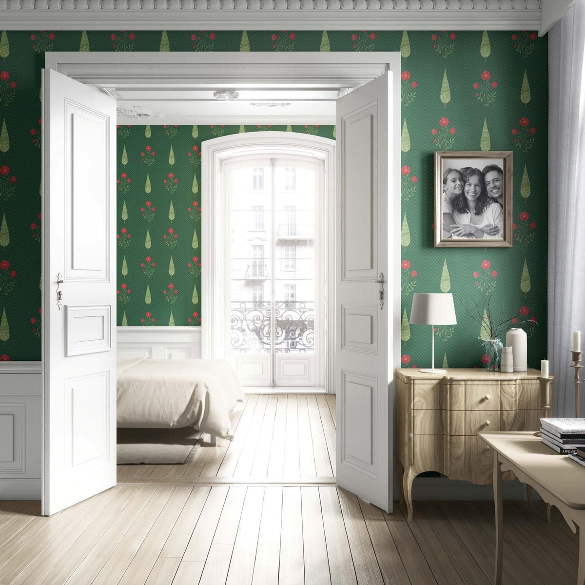 Botanical/ Floral Block Print Living Room Wallpaper Sample (Emerald Green/ Red)