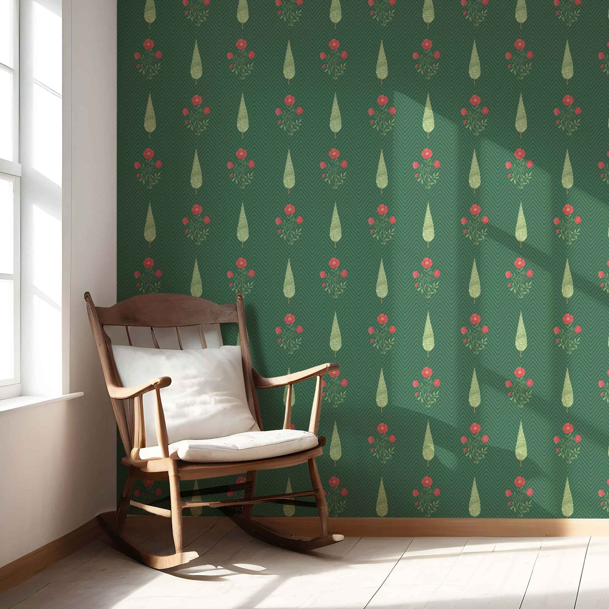 Botanical/ Floral Block Print Nursery Wallpaper Sample (Emerald Green/ Red)