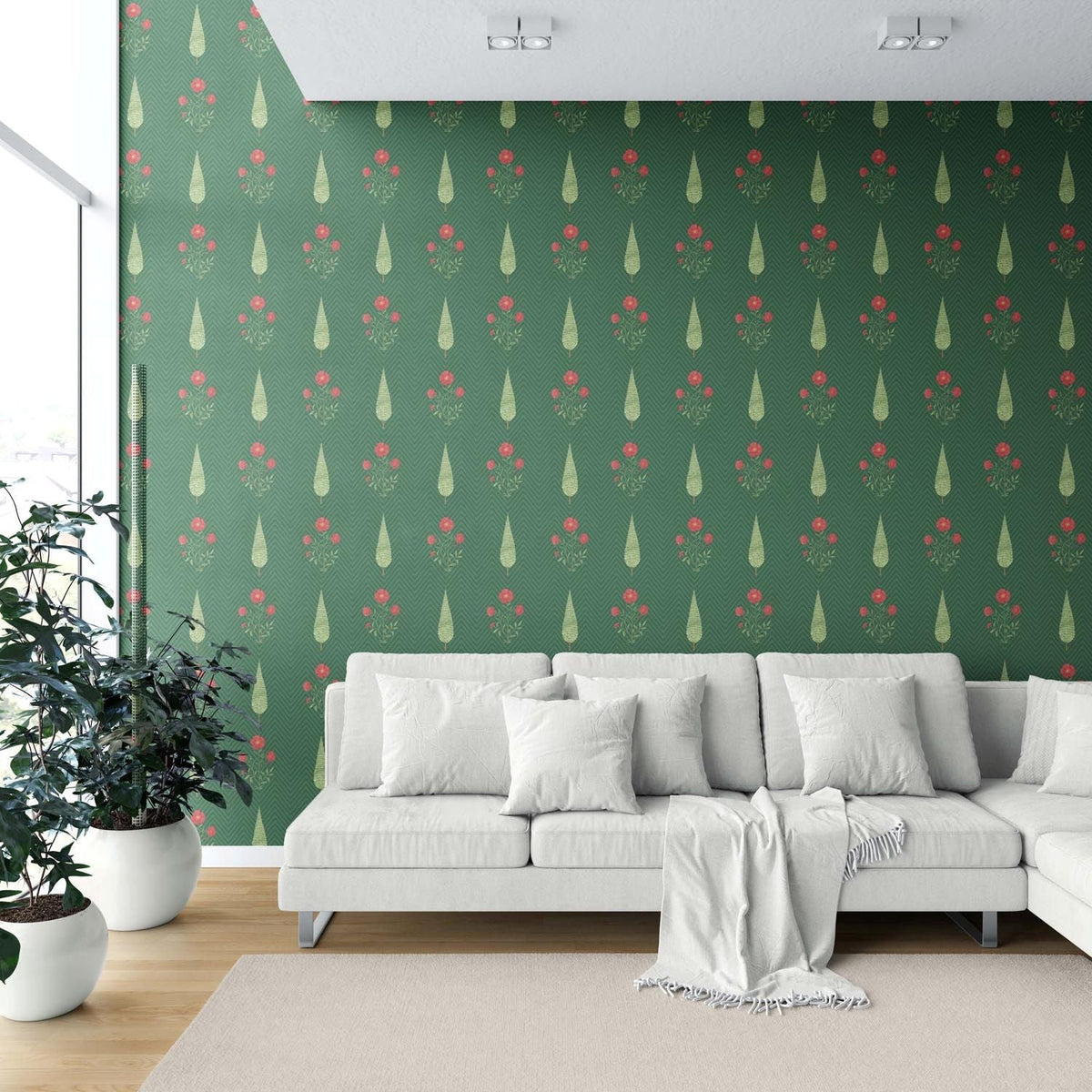 Botanical/ Floral Block Print Shower Toilet Wallpaper Sample (Emerald Green/ Red)