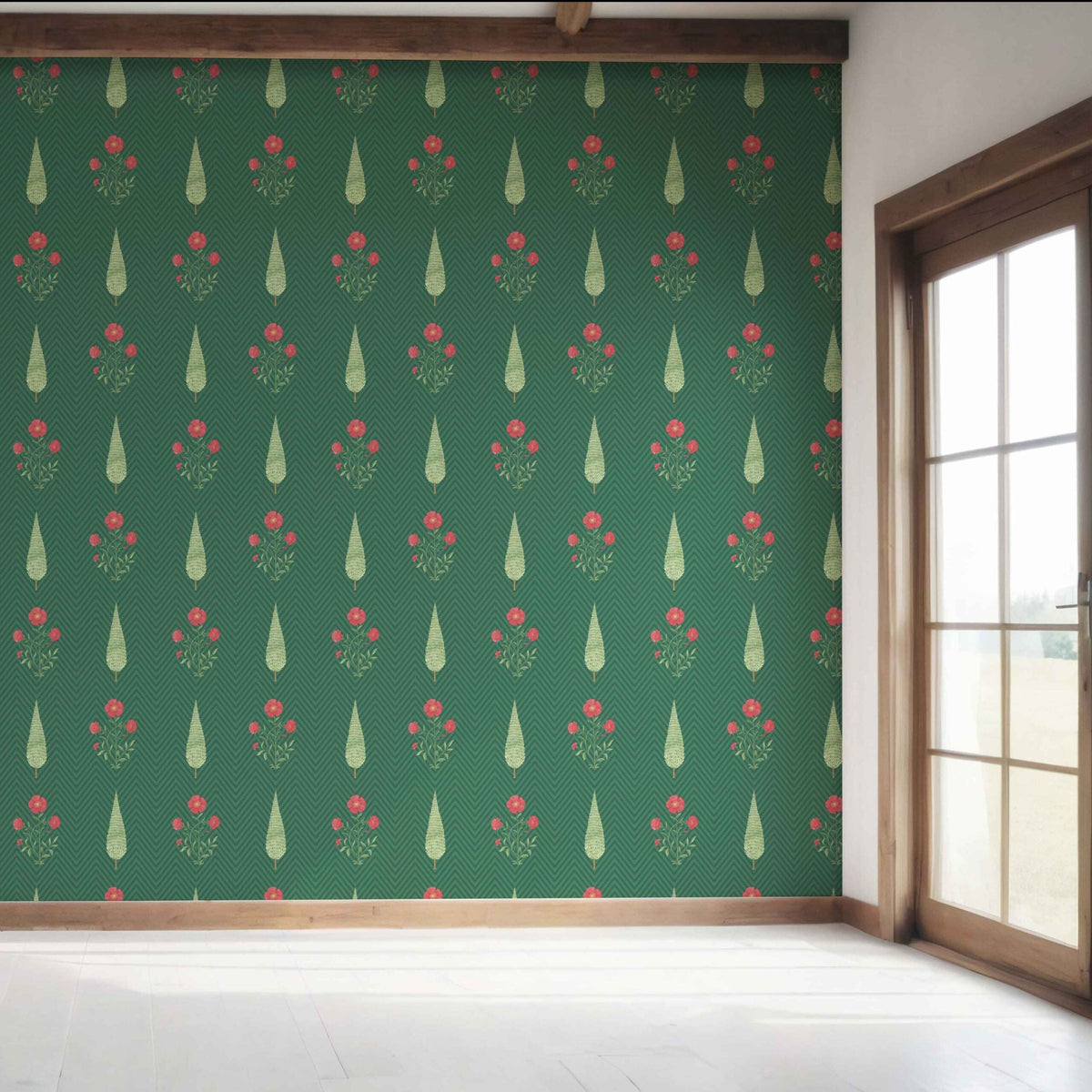 Botanical/ Floral Block Print Bedroom Wallpaper (Emerald Green/ Red)