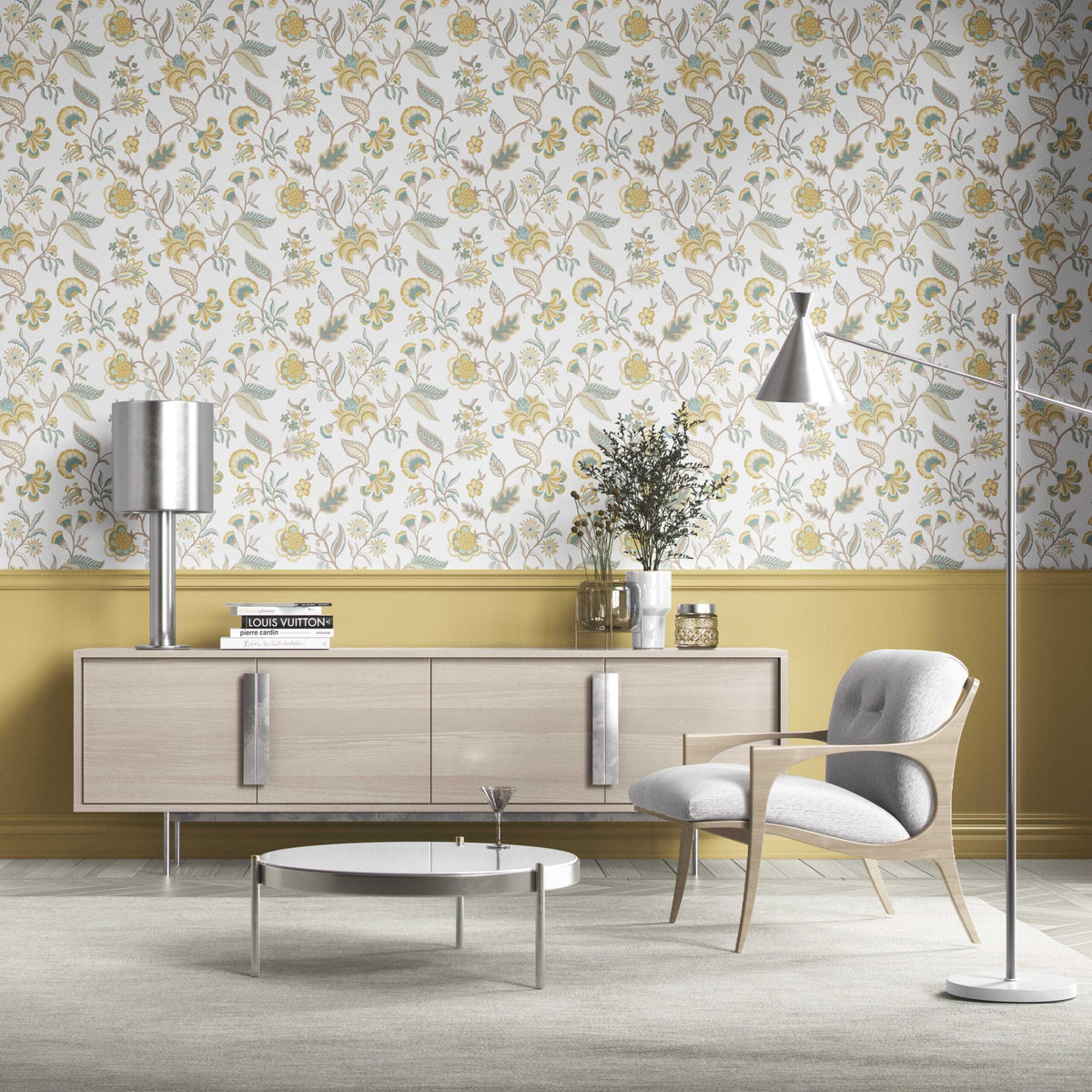 Botanical/ Floral Chinoiserie Kitchen Wallpaper (Yellow/ Blue/ Beige)