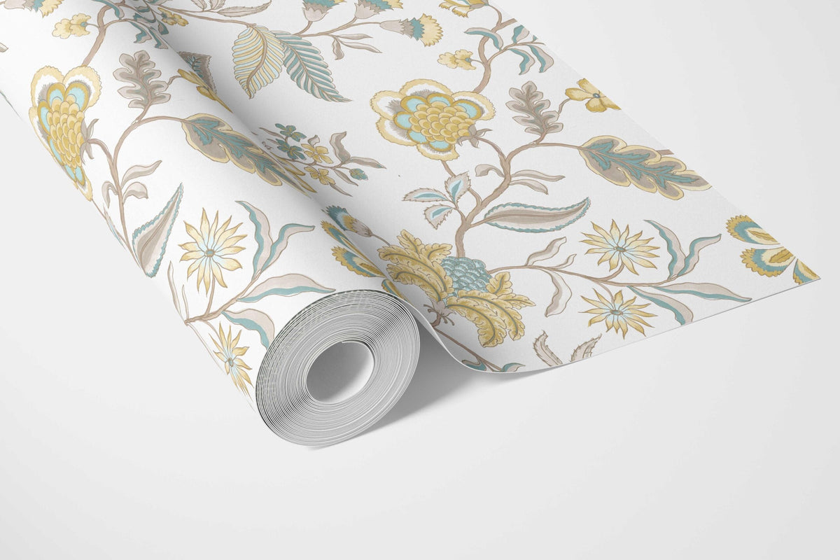 Botanical/ Floral Chinoiserie Bathroom Wallpaper (Yellow/ Blue/ Beige)