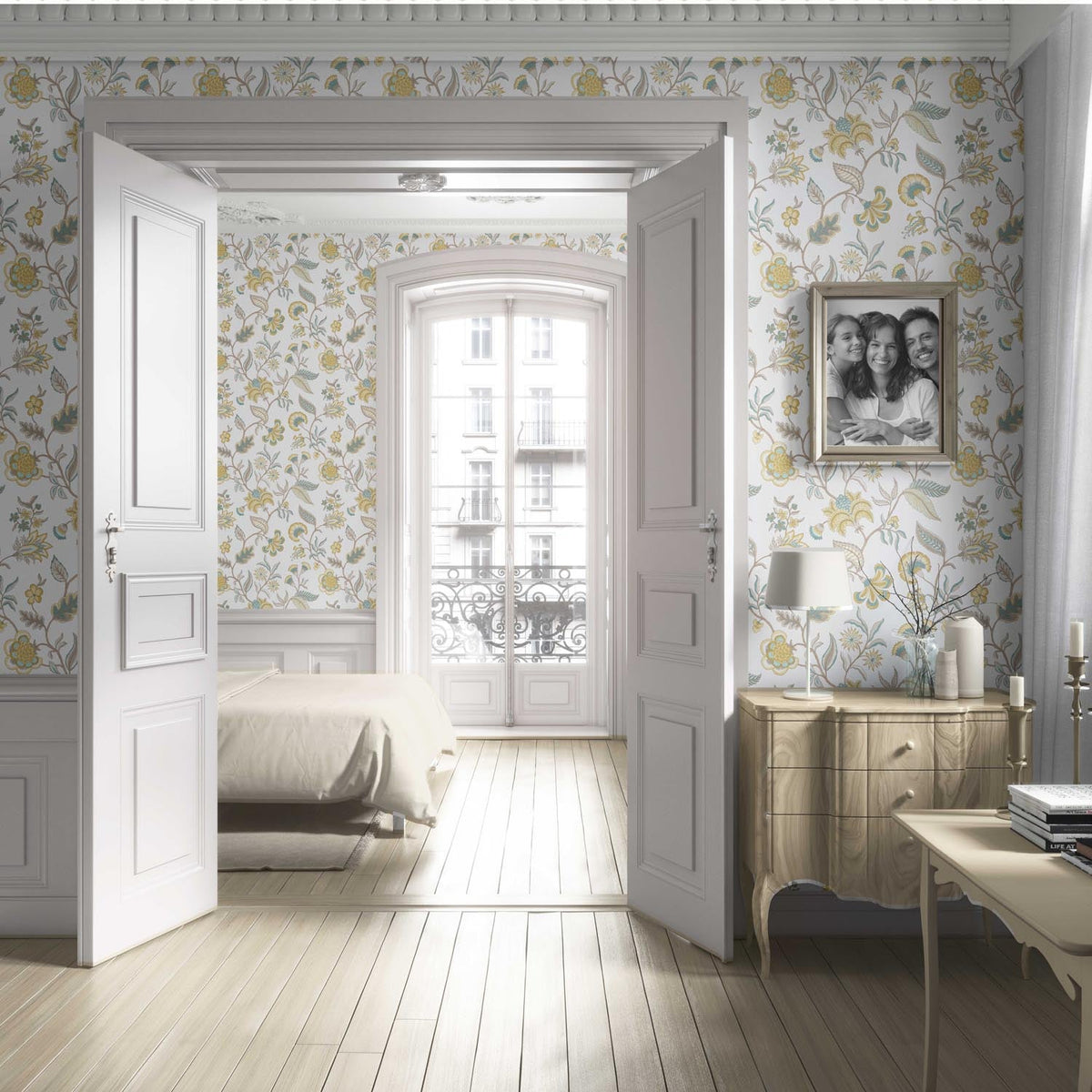 Botanical/ Floral Chinoiserie Living Room Wallpaper Sample (Yellow/ Blue/ Beige)