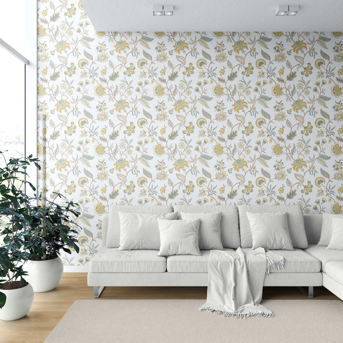 Botanical/ Floral Chinoiserie Shower Toilet Wallpaper Sample (Yellow/ Blue/ Beige)