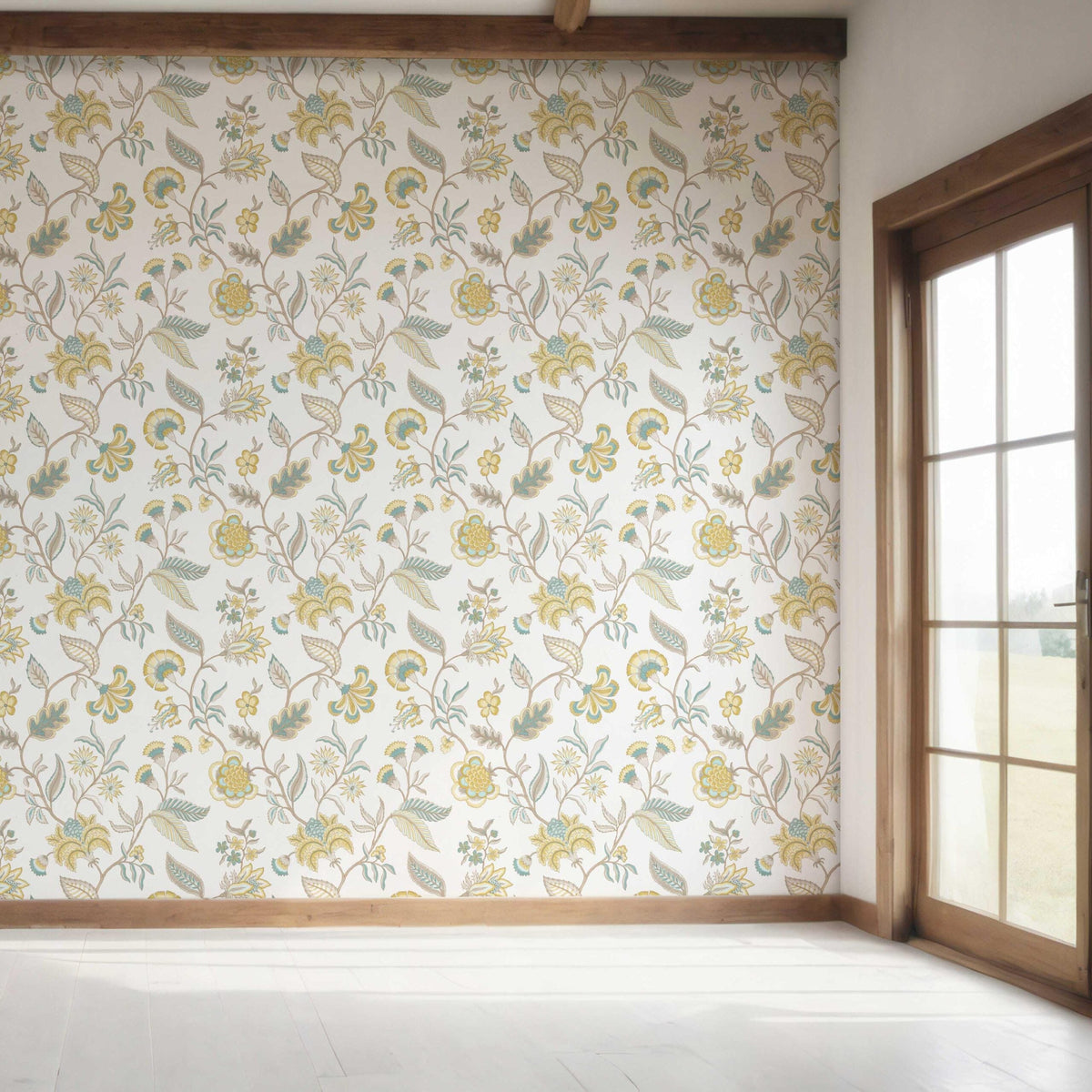 Botanical/ Floral Chinoiserie Bedroom Wallpaper Sample (Yellow/ Blue/ Beige)