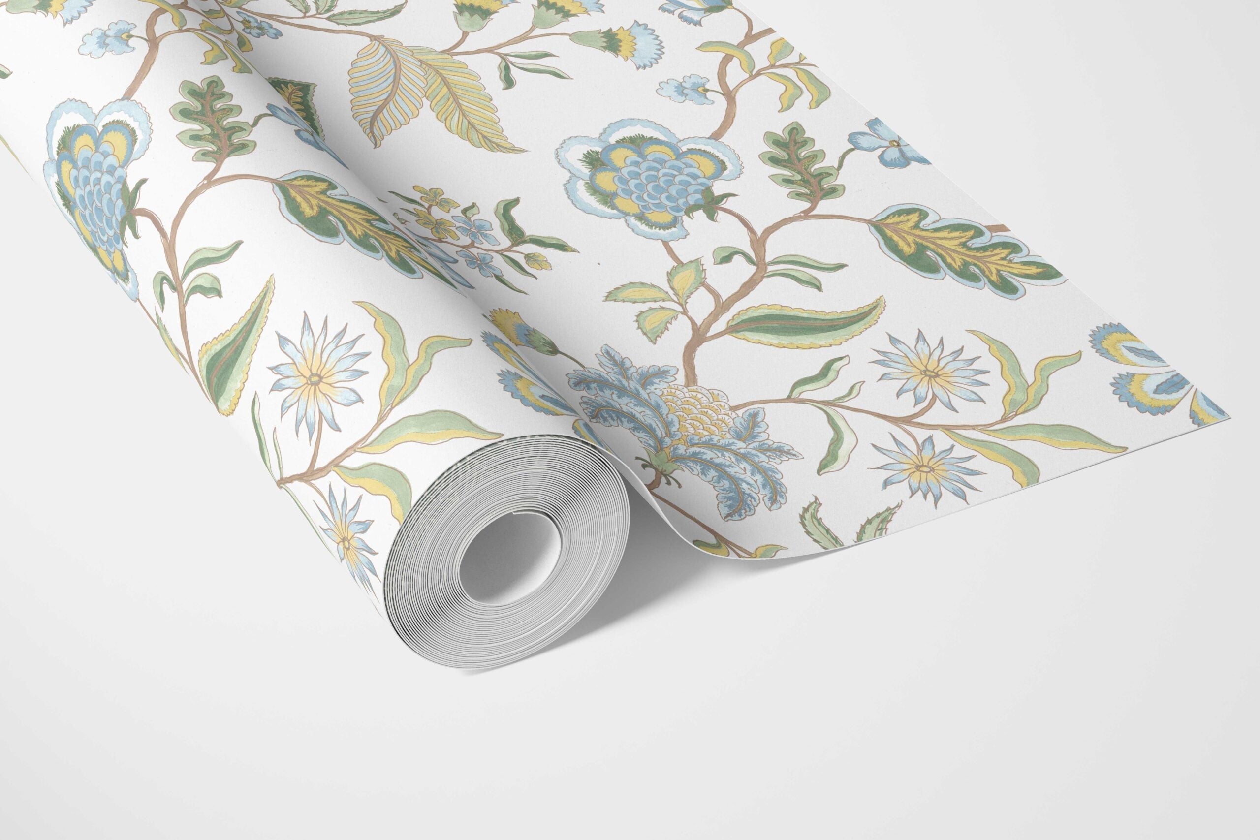 Botanical/ Floral Chinoiserie Bathroom Wallpaper Sample (Blue/ Green/ Yellow)