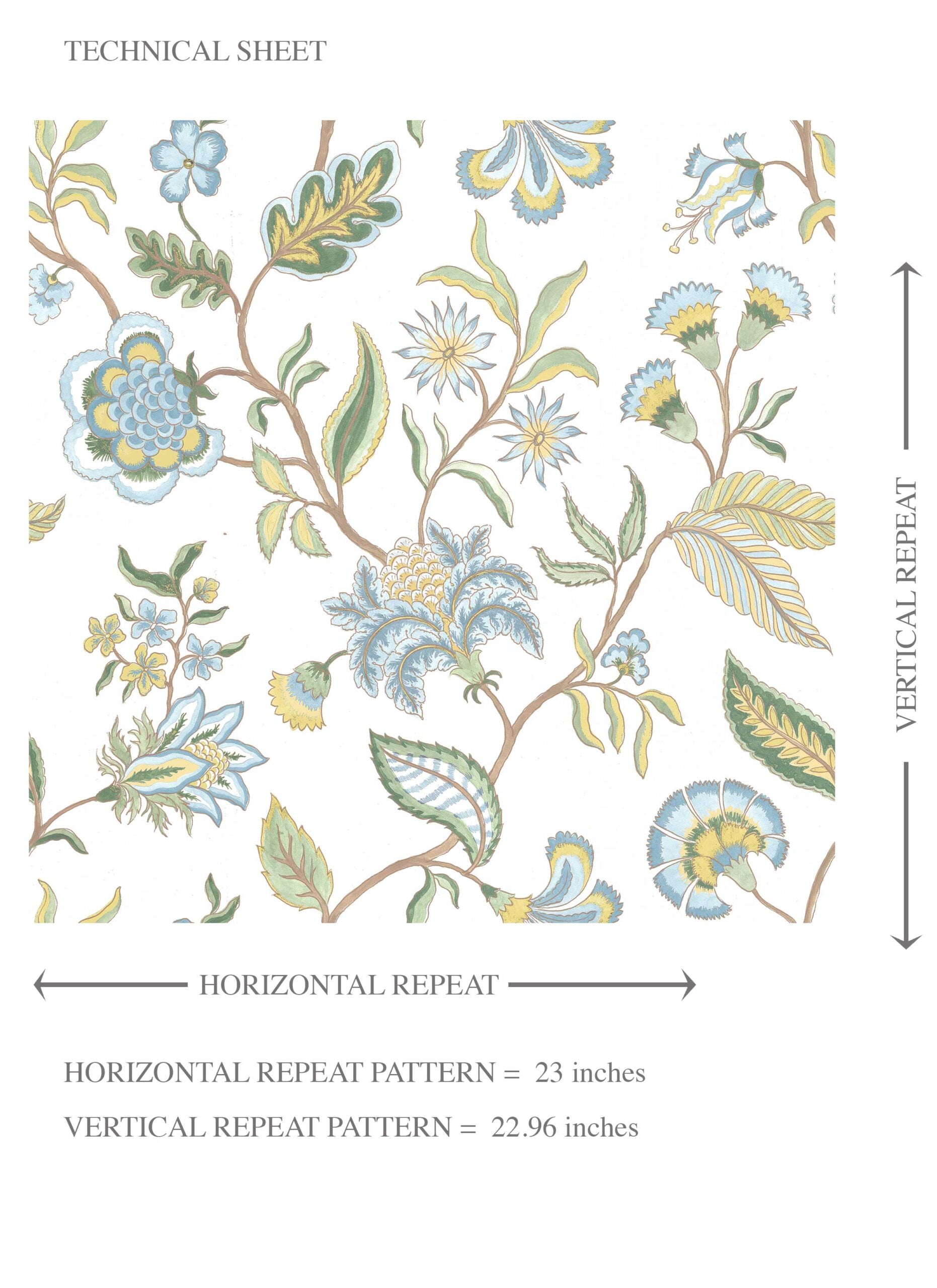 Botanical/ Floral Chinoiserie Kids Room Wallpaper Sample (Blue/ Green/ Yellow)