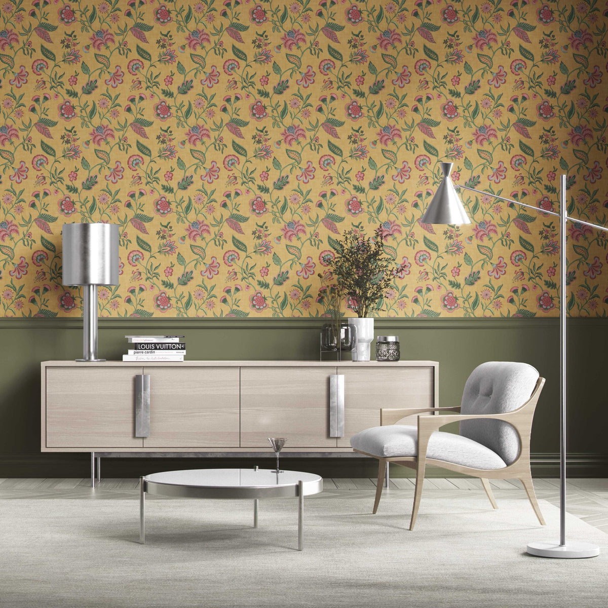 Botanical/ Floral Chinoiserie Kitchen Wallpaper Sample (Mustard Yellow/ Pink/ Green/ Blue)