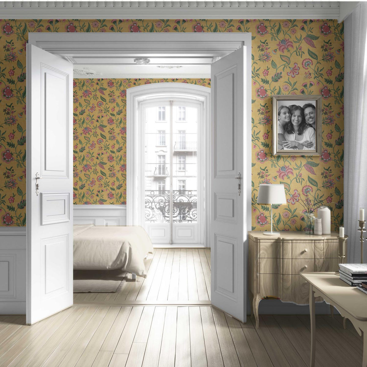 Botanical/ Floral Chinoiserie Living Room Wallpaper (Mustard Yellow/ Pink/ Green/ Blue)