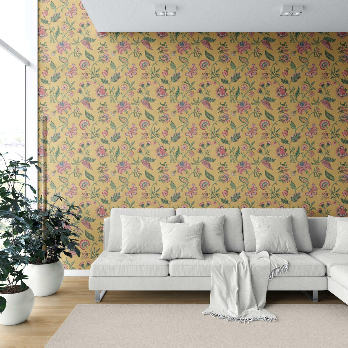 Botanical/ Floral Chinoiserie Shower Toilet Wallpaper Sample (Mustard Yellow/ Pink/ Green/ Blue)