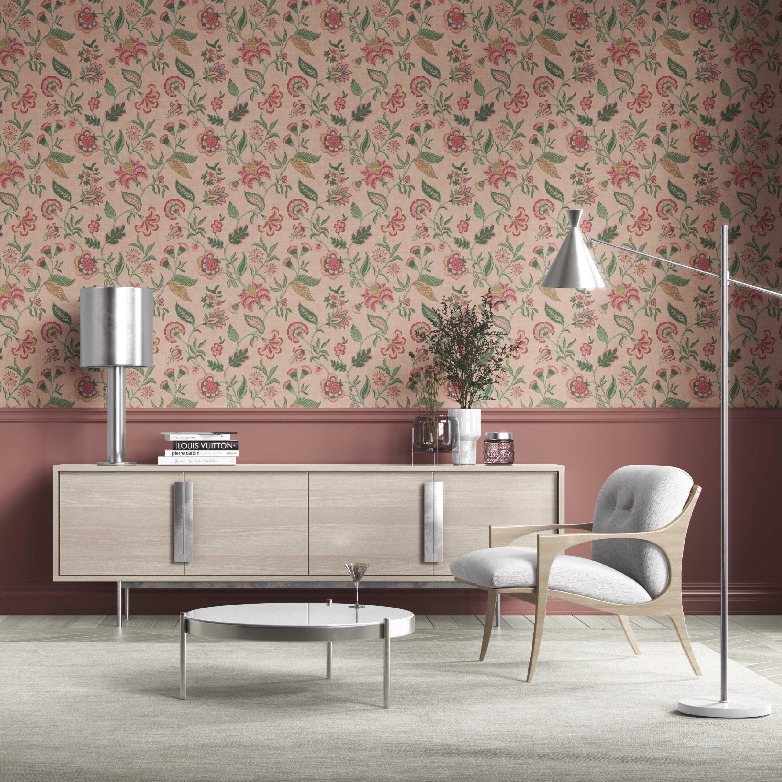 Botanical/ Floral Chinoiserie Kitchen Wallpaper (Blush Pink/ Green/ Red/ Blue)