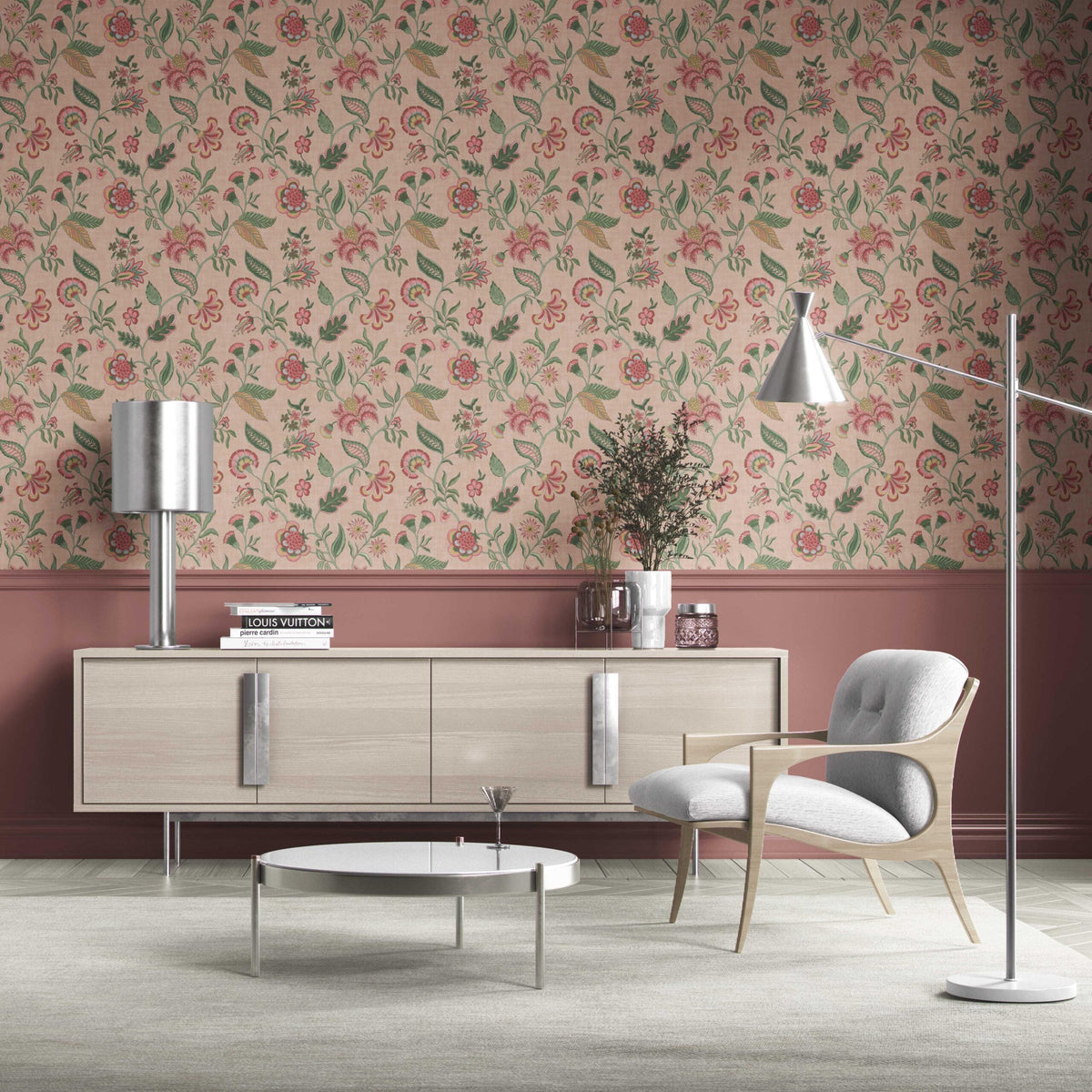 Botanical/ Floral Chinoiserie Kitchen Wallpaper (Blush Pink/ Green/ Red/ Blue)