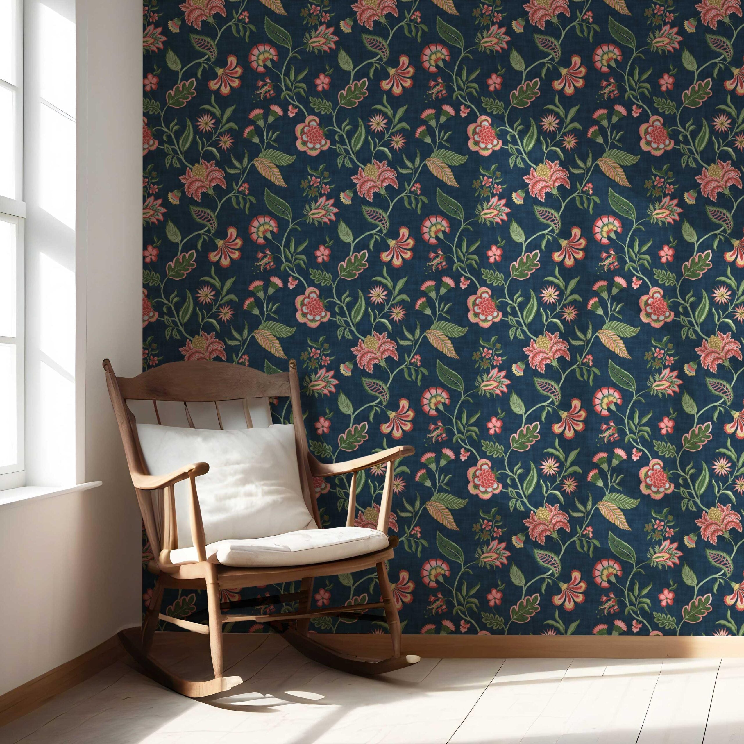 Botanical/ Floral Chinoiserie Nursery Wallpaper Sample (Navy Blue/ Pink/ Green/ Red)