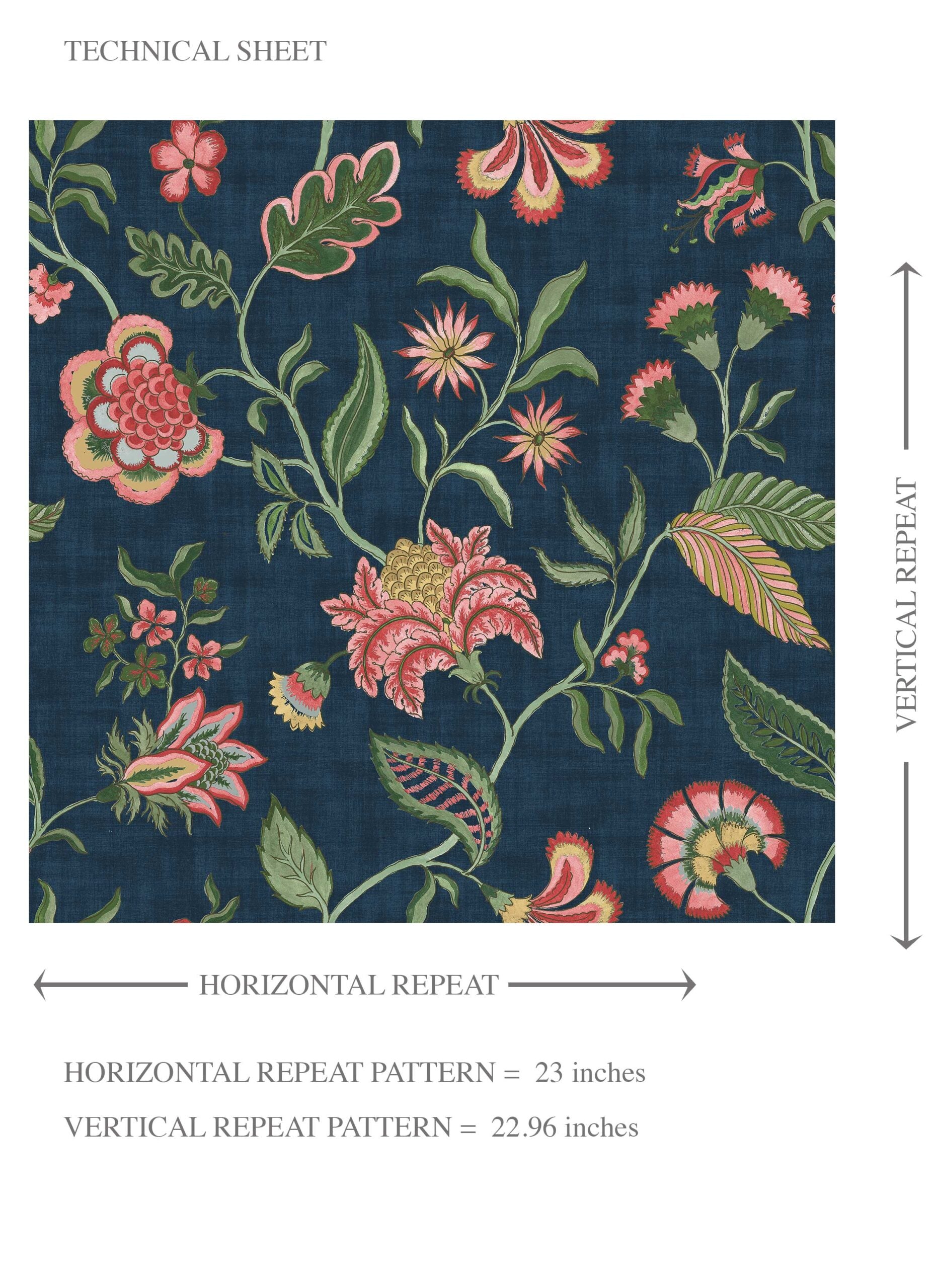 Botanical/ Floral Chinoiserie Kids Room Wallpaper Sample (Navy Blue/ Pink/ Green/ Red)