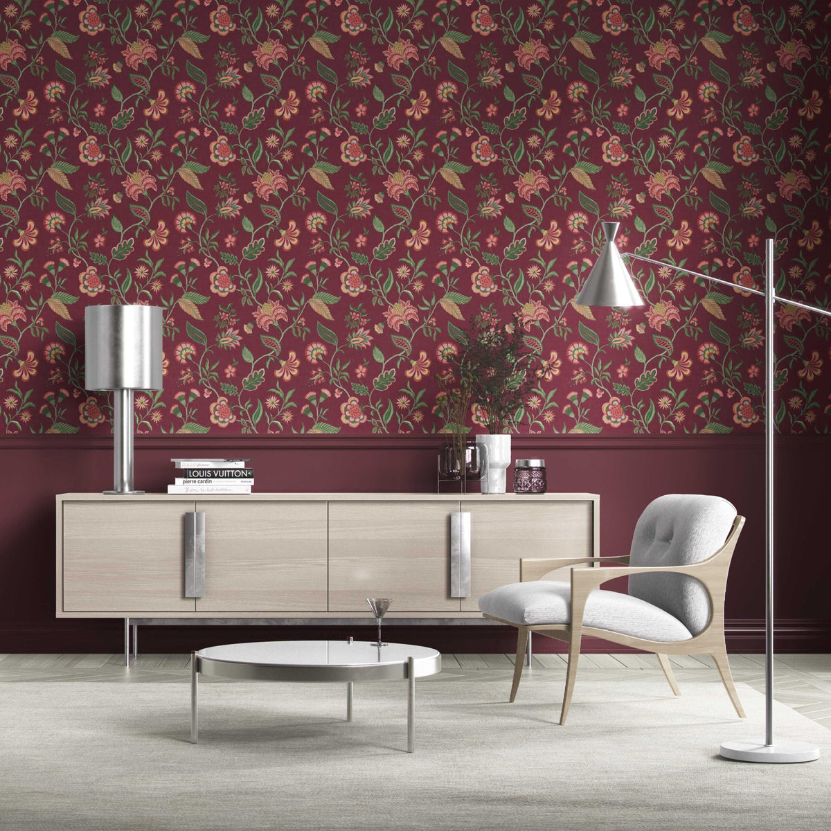 Botanical/ Floral Chinoiserie Kitchen Wallpaper Sample (Maroon/ Red/ Pink/ Green)
