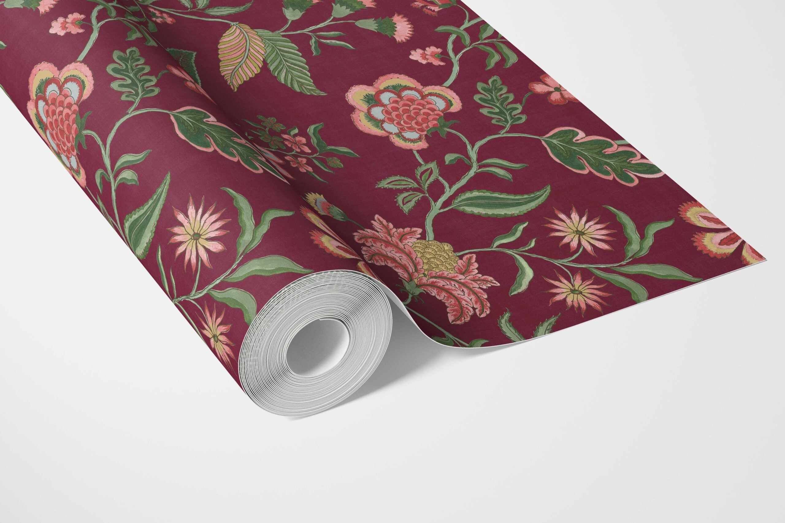 Botanical/ Floral Chinoiserie Bathroom Wallpaper Sample (Maroon/ Red/ Pink/ Green)