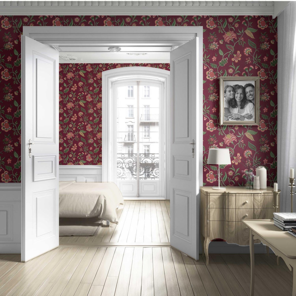 Botanical/ Floral Chinoiserie Living Room Wallpaper Sample (Maroon/ Red/ Pink/ Green)