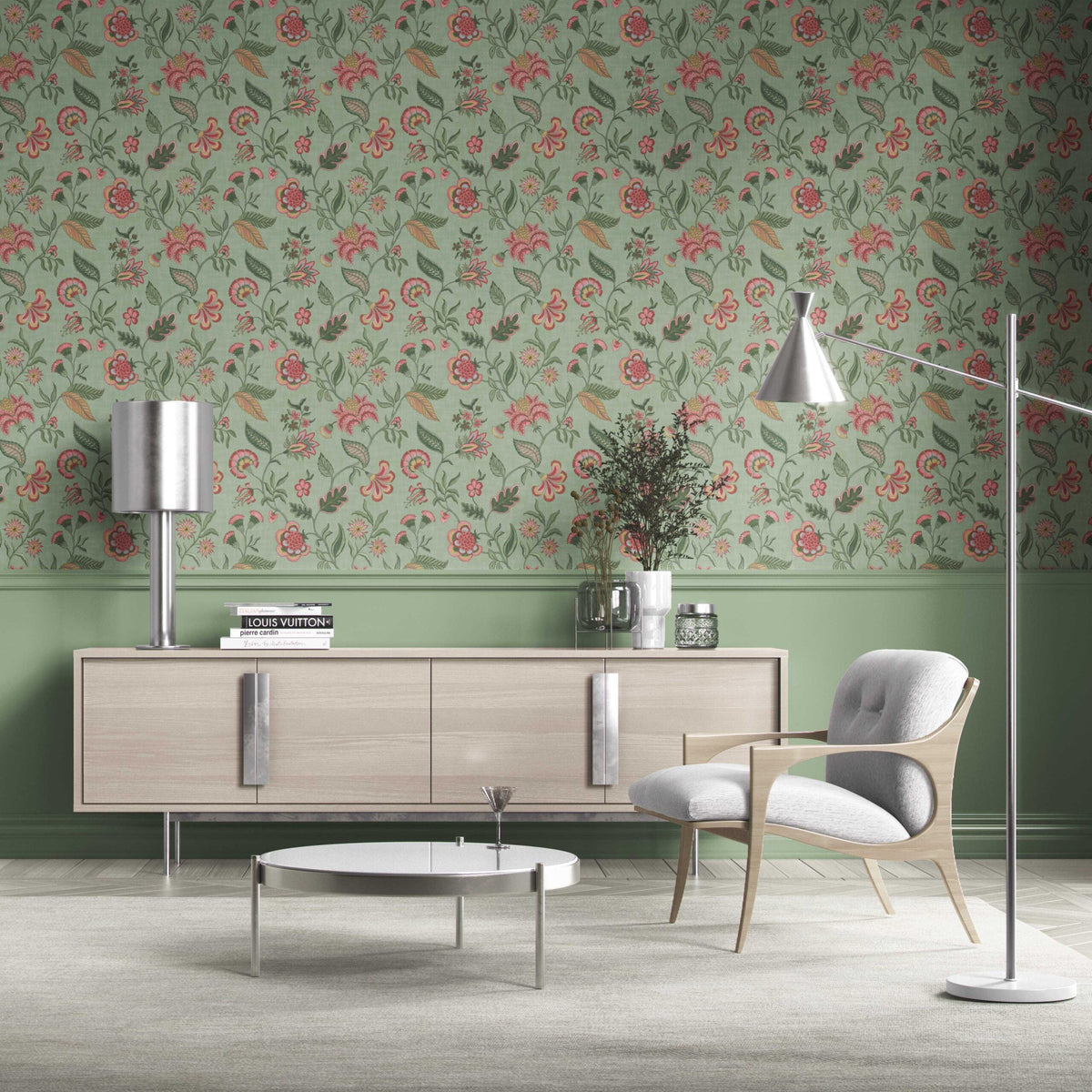 Botanical/ Floral Chinoiserie Kitchen Wallpaper (Sage Green/ Pink/ Red/ Blue)