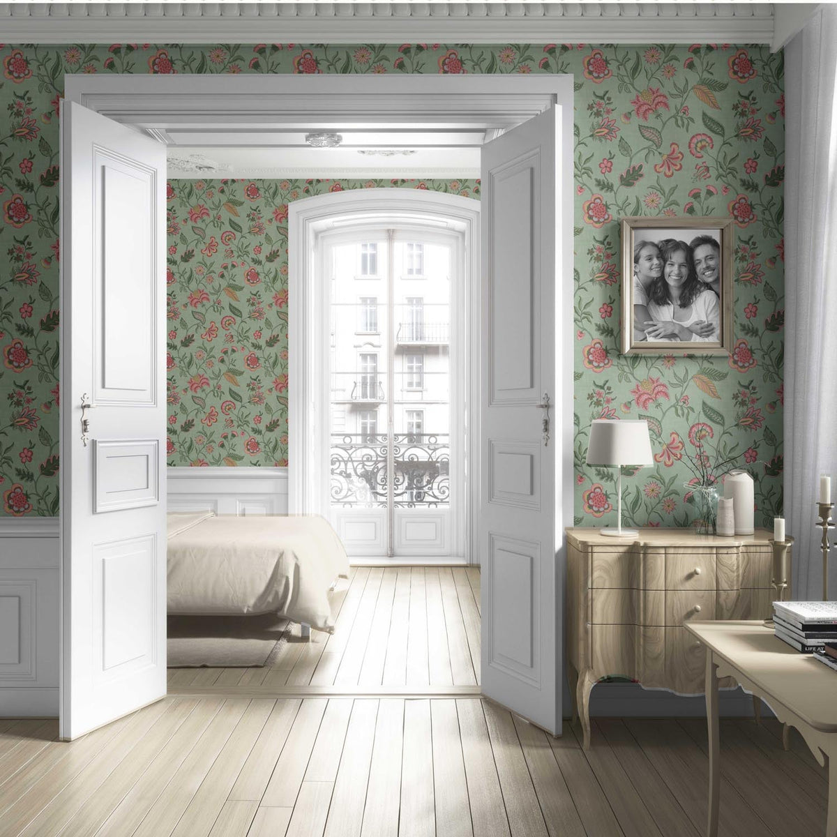 Botanical/ Floral Chinoiserie Living Room Wallpaper Sample (Sage Green/ Pink/ Red/ Blue)